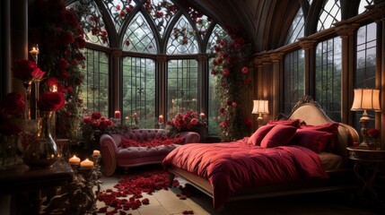 Fototapeta premium Elegant living room with red roses and luxurious decor.