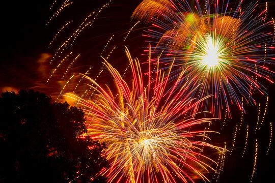 Colorful fireworks blasting in the night sky on the fourth of July over the trees