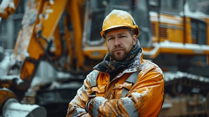 Construction worker man posing near to backhoe : Generative AI