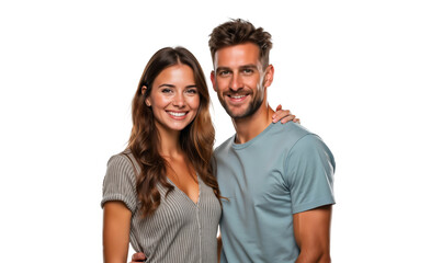 Fototapeta premium Portrait of happy young couple hugging and smiling isolated on transparent background