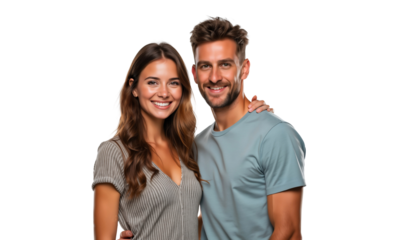 Portrait of happy young couple hugging and smiling isolated on transparent background
