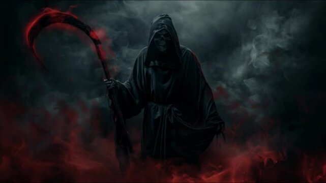 A cloaked figure, the Grim Reaper, stands in a dark, smoky atmosphere with a red-tinged mist swirling around them, holding a scythe. Seamless looping video background animation. Generated with AI

