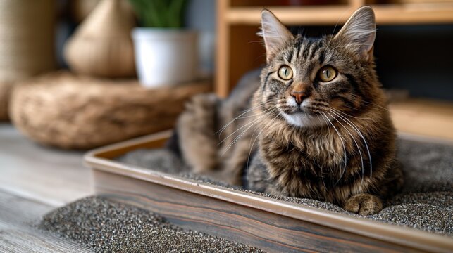 Tabby Cat in Litter Box, Ideal for Pet Care and Home Decor Contexts in Natural Tones
