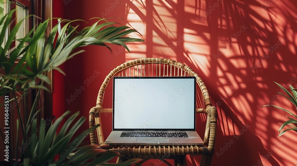 Aufkleber Laptop computer with blank screen on comfortable rattan chair against red color wall Aesthetic template with mockup copy space Online store blog social media website branding Online sh : Generative AI