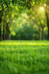Naklejka premium Sunlight filters through lush green trees on a well-manicured lawn, creating a tranquil and serene natural landscape. Perfect for relaxation or nature themes.