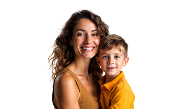 Portrait of a happy mother hugging and having fun with her son, family relationship, isolated on transparent background