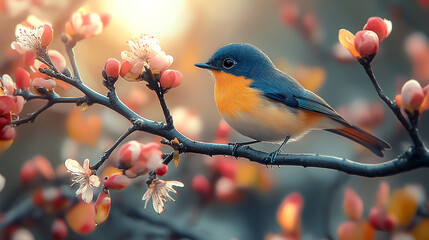 Obraz premium A blue and orange bird is perched on a branch of a tree with pink flowers