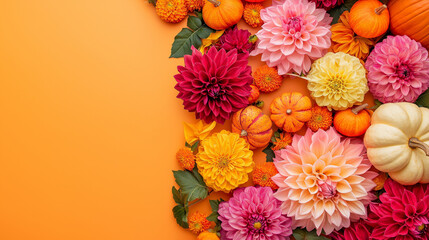 orange dahlias and pumpkins, autumn background, orange color background, seasonal wallpaper, harvesting 