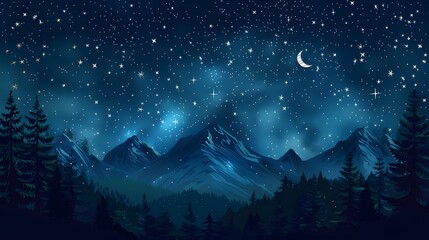 Obraz premium A serene night landscape with a full moon, stars, mountains, trees, and a reflective lake. The tranquil scene captures the beauty of nature under the night sky.