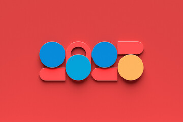 2025 calligraphy with 3d numbers on  colorful   background with New Year celebration balls for flyers, posters, signs for business design, brochures, cards, banners, postcards. 3D illustration