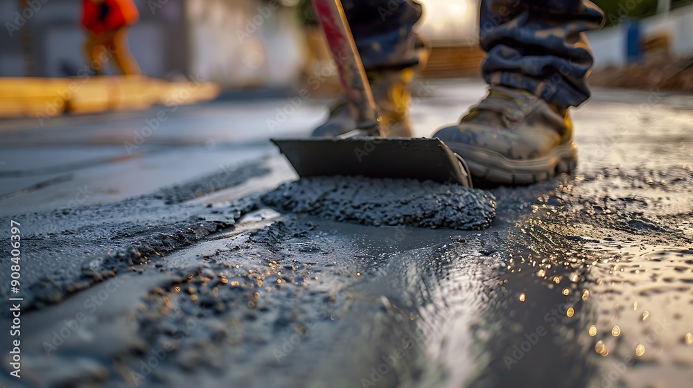 Poster Man working on smoothing concrete driveway for the new home build at construction site Architecture and exterior structure base progress safety foundation pavement ground Real estate i : Generative AI