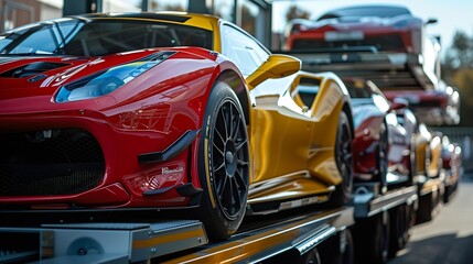 A fleet of brand new exotic luxury sports cars ready to race or dazzle They are loaded on a twolevel hydraulic trailer truck that transports them safely and swiftly on the highway : Generative AI