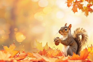 A squirrel is standing on a pile of autumn leaves