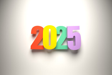 Calendar header number 2025 on white  background. Happy new year 2025 colorful background.
