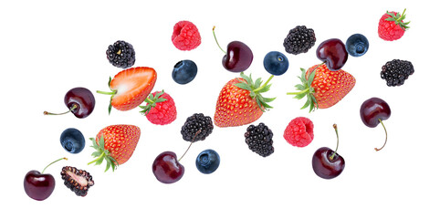 Fresh red cherry, blackberry, blueberry, strawberry and raspberry fruits flying in the air isolated on white background. 