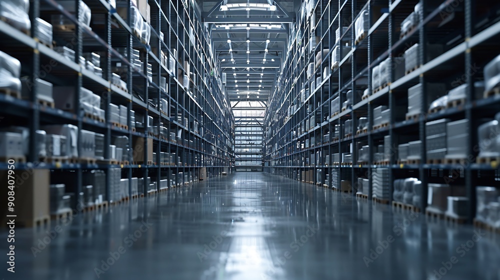 Poster large storage warehouse there is a walkway in the middle between the shelves : generative ai