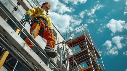 Construction Contractor Worker on a Scaffolding Performing Roof Elements Assembly : Generative AI