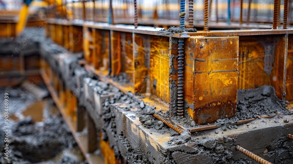 Poster large reinforced concrete structures at the construction site preparation for the installation of re