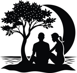 couple under tree in beach side illustration black and white