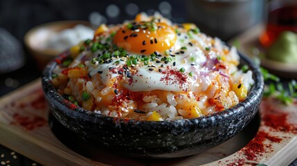 Delicious Spicy Rice Bowl with Fried Egg, Sesame Seeds, and Green Onions - Food Photography