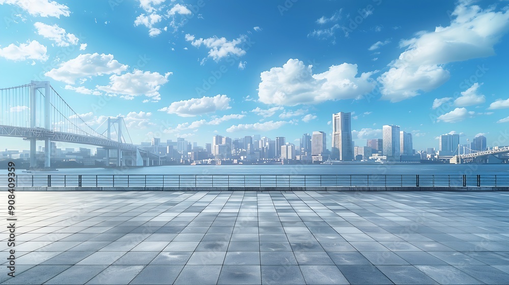 Aufkleber empty square floor and bridge with city skyline under blue sky : generative ai