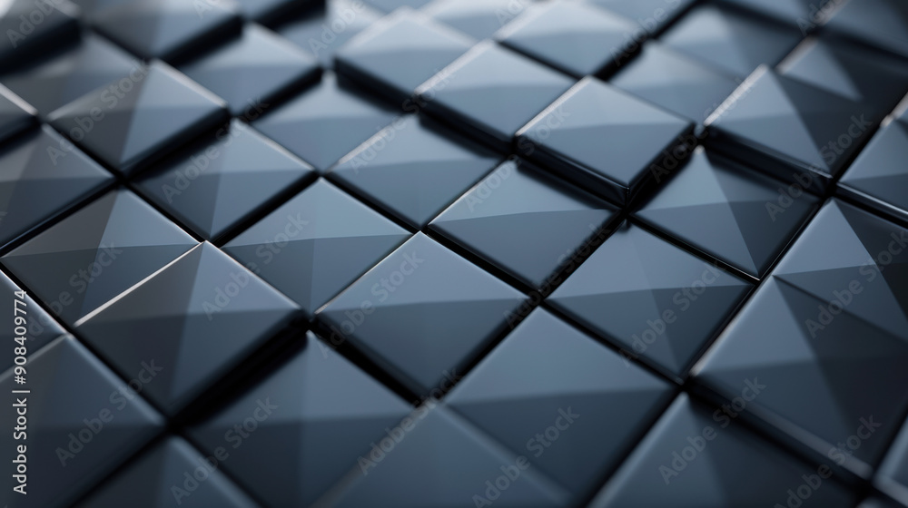 Poster abstract close-up of a geometric pattern with black glossy square pyramids arranged in a grid, creat