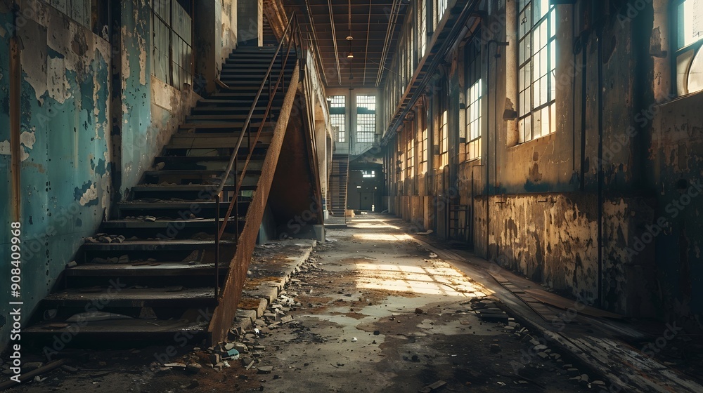 Poster interior industrial corridor in abandoned factory construction and architecture : generative ai