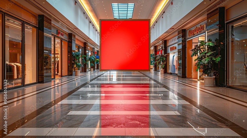 Poster red blank sign inside shopping mall mock up advertise display frame setting over the clothes line in the shopping department store for shopping business fashion and advertisement conce : Generative AI
