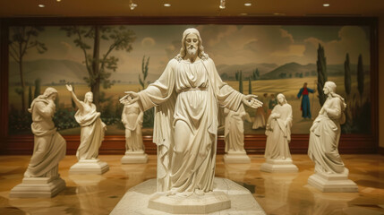 A marble statue of Jesus Christ with open arms, serene expression, detailed robe folds, surrounded by twelve smaller statues in an elegant hall