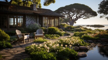 Fototapeta premium Serene garden with wooden chairs by a pond.