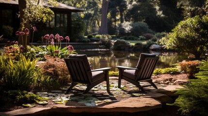 Obraz premium Serene garden with wooden chairs by a pond.