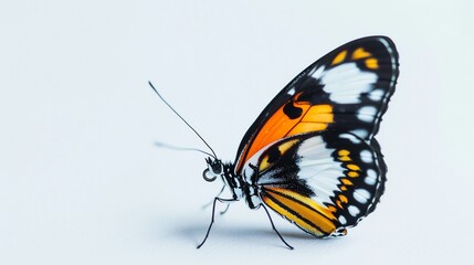 Obraz premium A colorful butterfly with intricate patterns on its wings, posed on a light blue background.