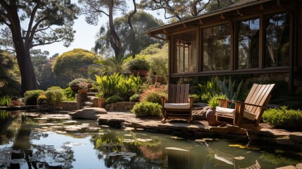 Serene garden with wooden chairs by a pond.