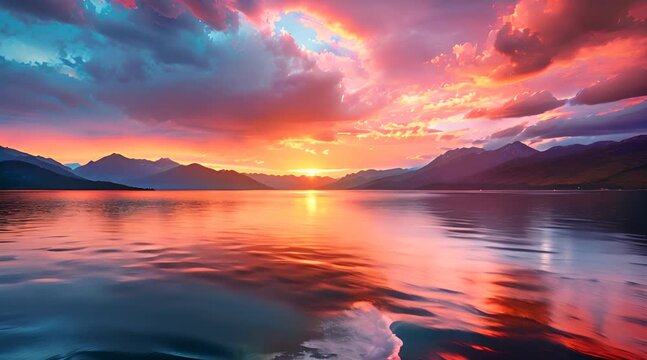 Panoramic photo of beautiful sunset over lake.