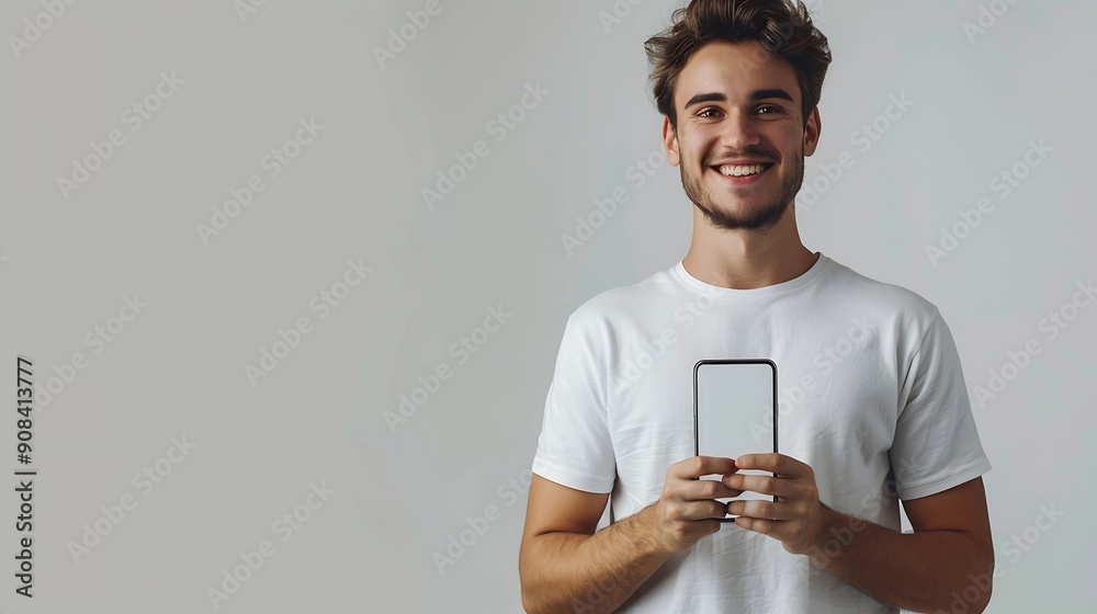 Poster handsome young man holding a smartphone mockup with a blank screen and smiling on a white background