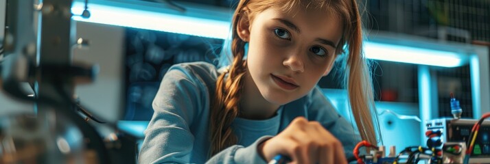 Banner Teenage girl student with DIY robot in STEM education class Young scientist working on a new project STEM education learning to program a robot vehicle