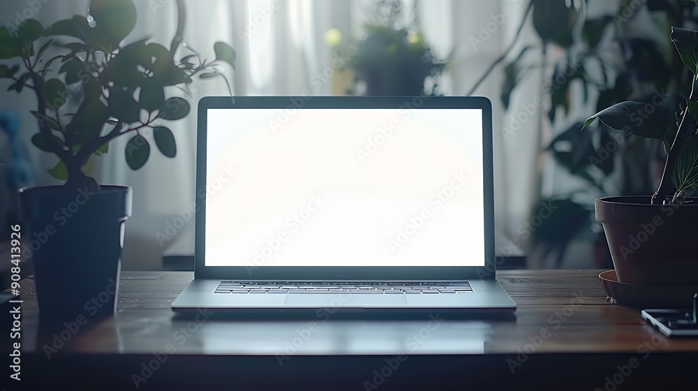 Aufkleber laptop computer blank screen on table : Generative AI