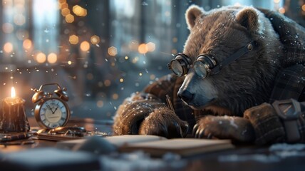 Stylish polar bear examining artifact in a museum.