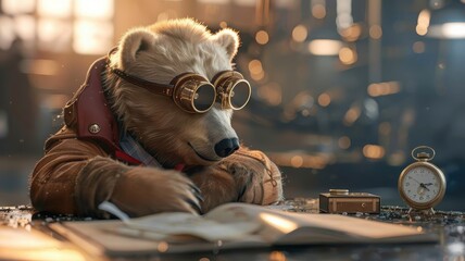 Stylish polar bear examining artifact in a museum.