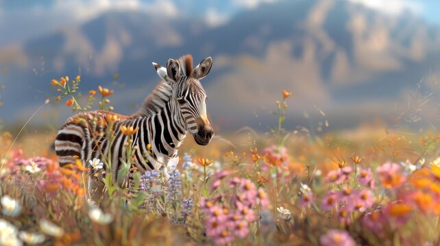 Playful zebra foal in tuxedo frolicking in wildflowers.