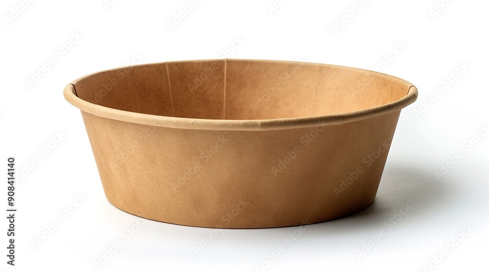 Aufkleber Side view closeup of empty single brown paper bowl isolated on white background with clipping path : Generative AI