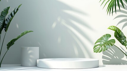 Creative concept of minimalism with leaf and plaster podium Blank space on white podiums for presentation product and green leaves on a white background Summer theme Scene for advertis : Generative AI