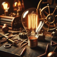 Retro lighting, an old lamp in a room on a table on a dark blurred background