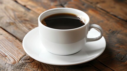 Obraz premium A white cup of coffee on a white saucer, sitting on a wooden table.