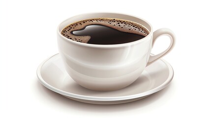 A white cup of coffee on a white saucer, with a shadow underneath.