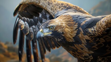 golden eagle in mid-flight, captured against dramatic backdrop of a mountain range, sunlight glints off its feathers, emphasizing bird's strength and freedom as it navigates the skies.