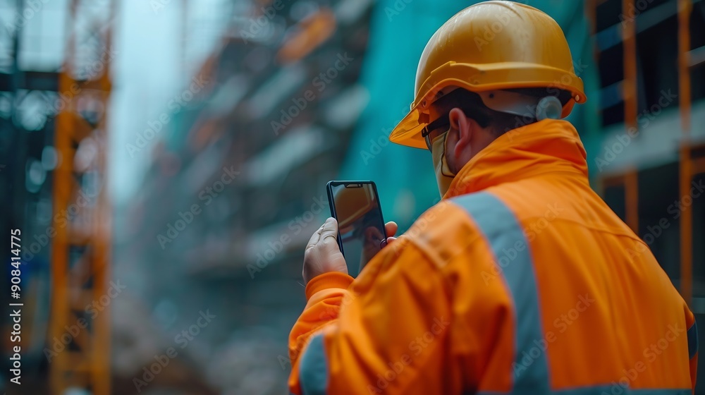 Poster construction engineer using mobile smart phone on site during inspection selective focus : generativ