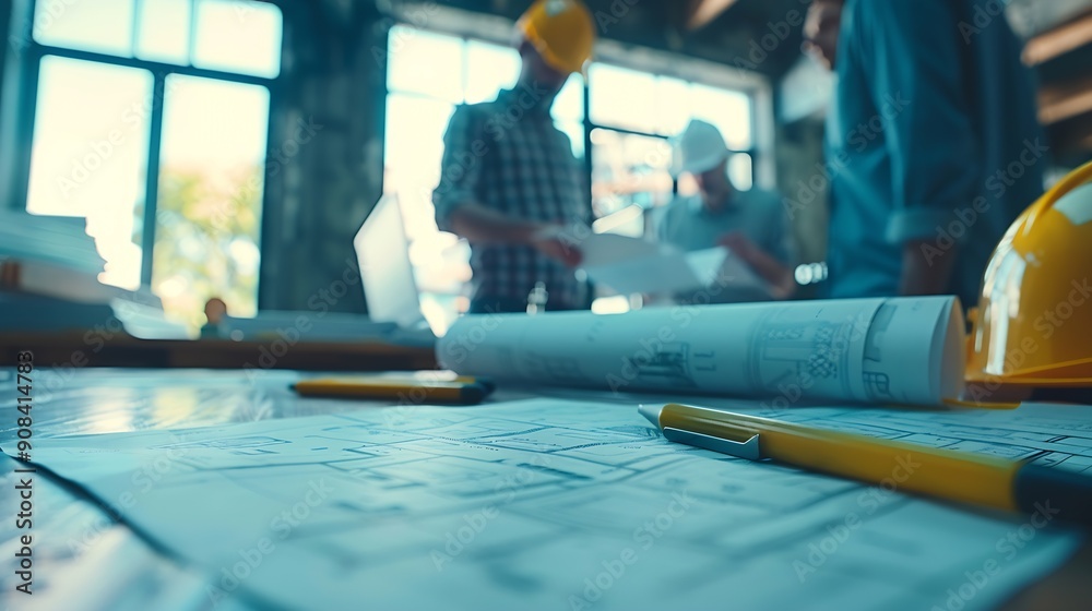 Poster Brainstorming group of architects and engineers discuss building blueprint design paperwork and drawing construction project planning on wooden table in office Construction project bud : Generative AI