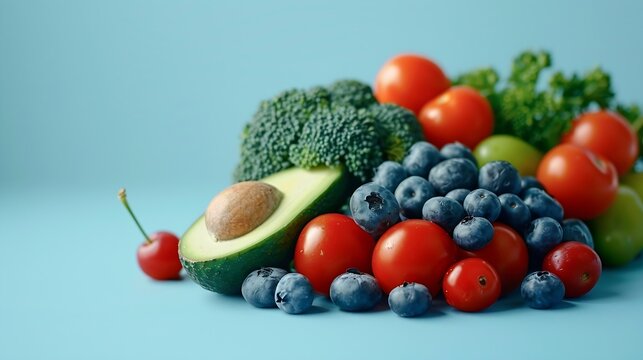 fruit and Vegetable Blueberries cherry Tomatoes Avocado Broccoli Kiwi and green apple on blue background weight loss nutrition Healthy food Dieting and vegetarian concept : Generative AI