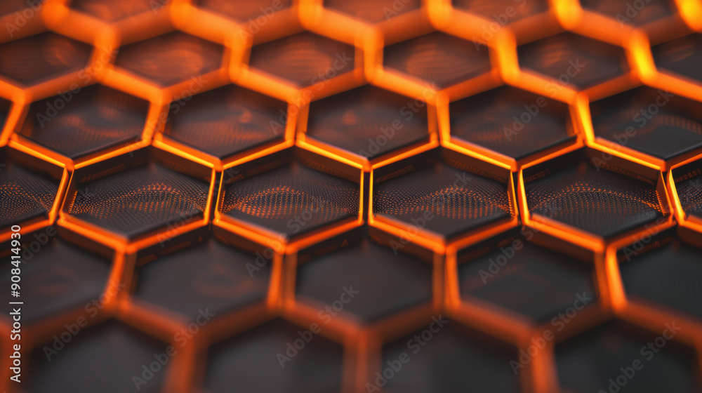 Poster abstract close-up of illuminated hexagonal pattern with orange light, creating a futuristic and tech